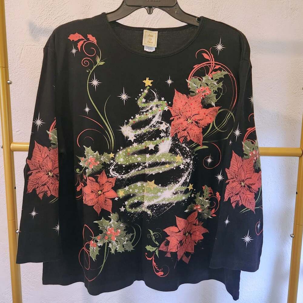 Jess & Jane Christmas Magic T-Shirt Womens 3/4 Sleeve Black Rhinestones 2X